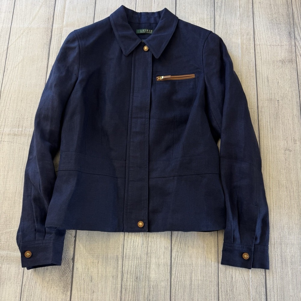 Lauren Ralph Lauren Women's Navy Blue 100% Linen w/ Leather Trim Zip Up Jacket 8